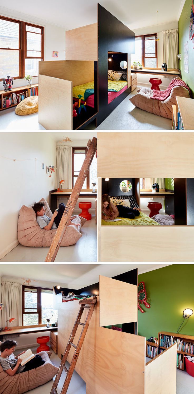 multiple shots of a bedroom with bunk beds and bookshelves in different stages of construction