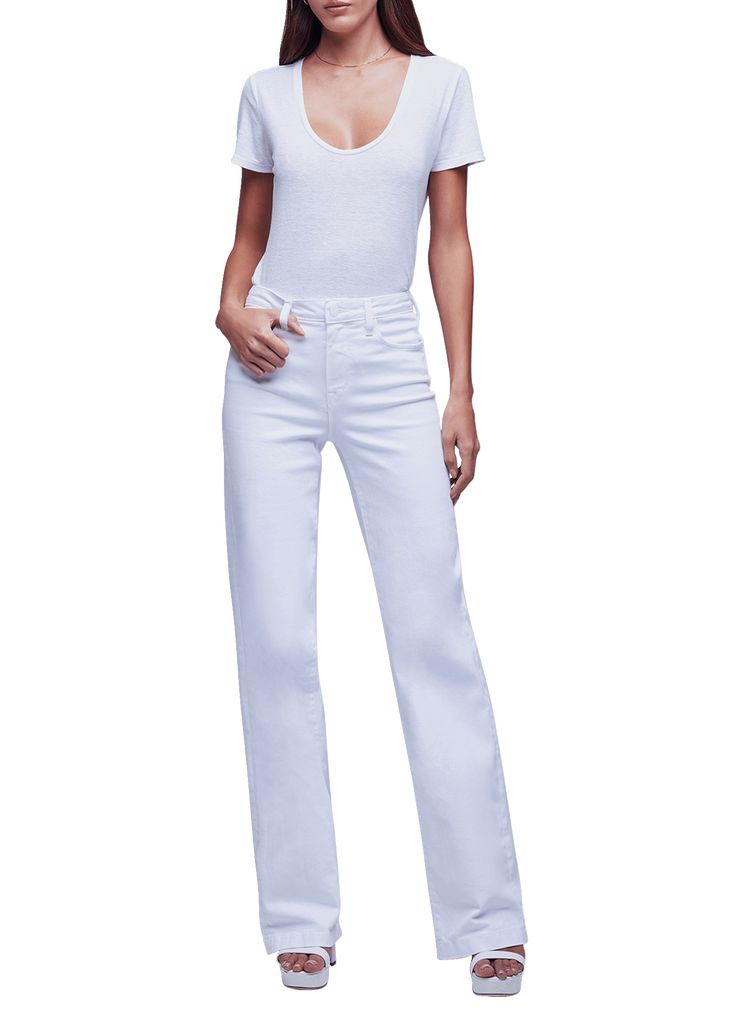 "Find L'AGENCE Clayton High Rise Wide-leg Jeans on Editorialist. L'Agence \"Clayton\" wideleg jeans in white denim Fivepocket style High rise Classic fit Full length Button/zip fly; belt loops Cotton/spandex Dry clean Made in USA" Elegant White Flare Jeans For Spring, High Waist White Flare Jeans For Work, Elegant Flare Jeans With Five Pockets For Spring, Elegant Mid-rise Flare Jeans For Spring, White Flare Jeans With Five Pockets For Work, White Flare Bottoms For Workwear, White Flare Jeans For Spring Workwear, Elegant Cotton Flare Jeans For Spring, White Wide Leg Flare Jeans For Work