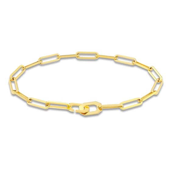 Dynamic paperclip chain links embrace together around the length this refined women's 3.8mm bracelet. Fashioned in 14K yellow gold, the 7.25-inch chain secures in place with a fancy clasp. Formal Gold Chain Paperclip Bracelet With Rectangular Links, Formal Gold Chain Link Paperclip Bracelet, Modern Link Paperclip Bracelet With Hooks, Luxury Link Style Paperclip Bracelet, Luxury Gold Chain Paperclip Bracelet With Rectangular Links, Luxury Paperclip Bracelet With Rectangular Gold Chain Links, Gold Chain Link Paperclip Bracelet, Gold Bracelet With Paperclip Chain, Modern Yellow Gold Chain Bracelet With Paperclip Chain