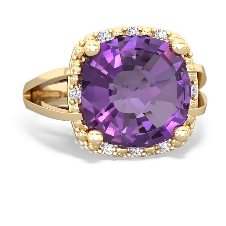 This majestic 14K Yellow Gold ring features a 3.20 carat cushion cut deep purple amethyst. This bold and beautiful ring will become an instant heirloom. Surrounding the amethyst are eight dazzling diamonds, atop a detailed art-deco undergallery and split band. Amethyst Art, Art Deco Cocktail, Detailed Art, 14k Rose Gold Ring, Amethyst Jewelry, Bold And Beautiful, Beautiful Ring, Amethyst Ring, Cocktail Ring