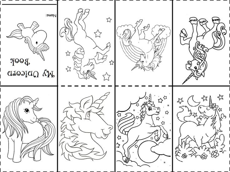 four different coloring pages with unicorns and stars in the middle, one is black and white