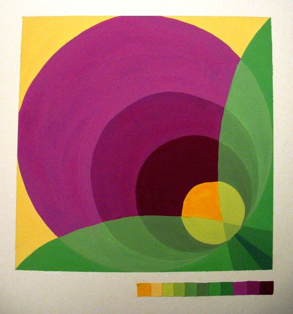 an abstract painting with purple, yellow and green colors