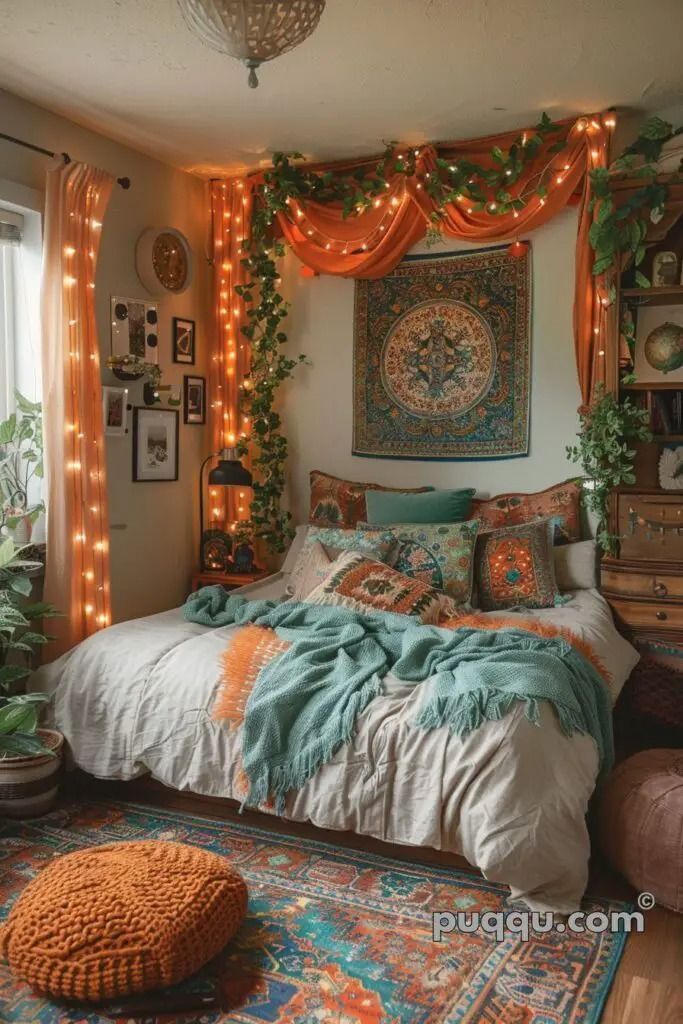 a bedroom decorated in orange, blue and green with lights on the wall above the bed