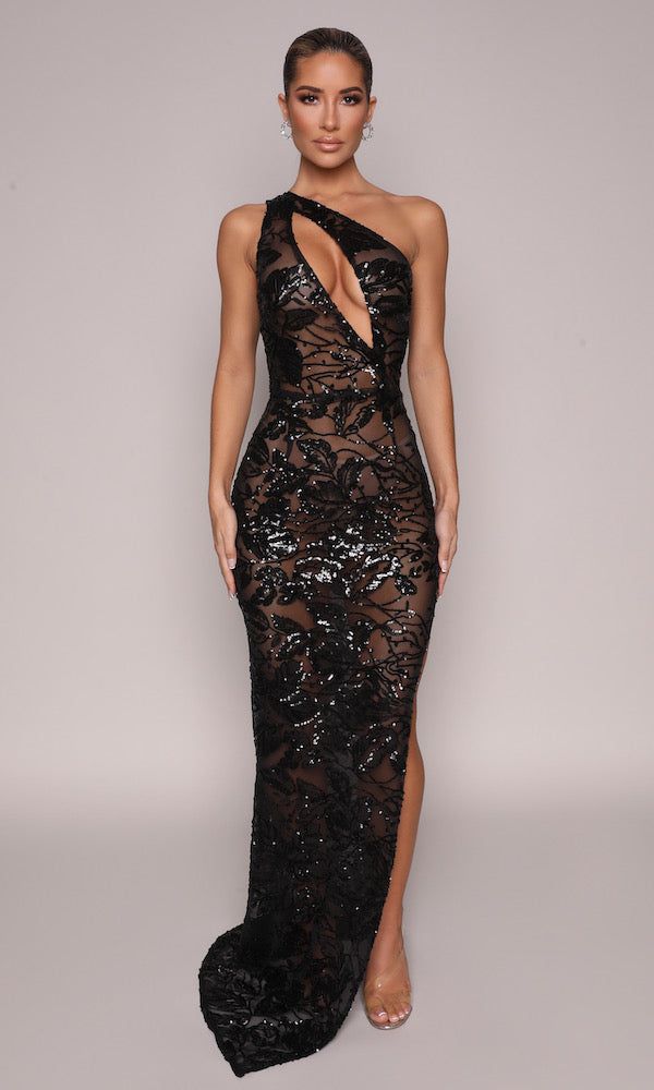 Goddess Cutout Sheer Sequin Gown- Black Corset Gown, Skin Model, Embellished Gown, Sequin Gown, Prom Dresses Short, Bandage Dress, Side Zipper, Evening Gowns, Sleeveless Formal Dress