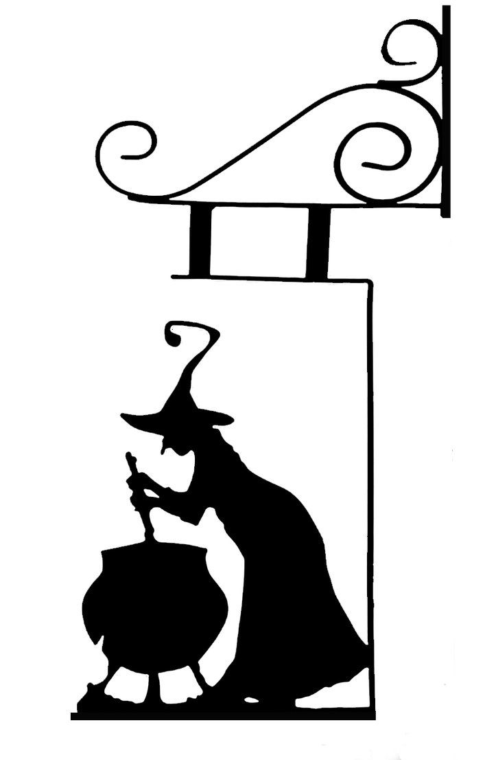 a black and white silhouette of a witch with a caulder in her hand