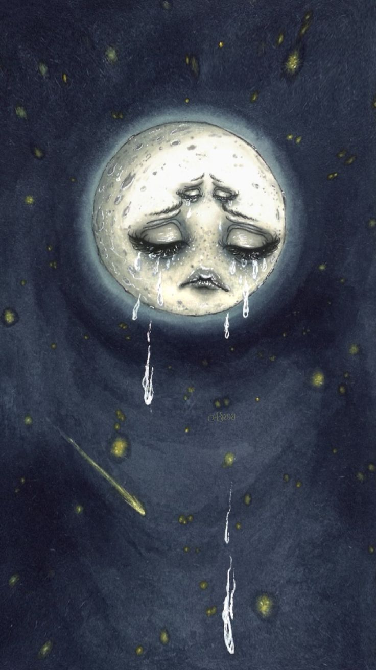 a drawing of a woman's face with eyes closed in front of the moon