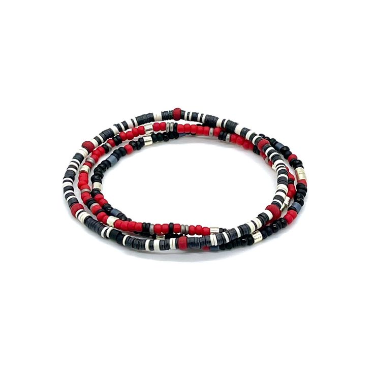 Men’s stackable beaded stretch bracelets with black & white vinyl Heishi disk beads Adjustable Red Stackable Bracelets, Red Adjustable Stackable Bracelets, Adjustable Red Stackable Beaded Bracelets, Red Adjustable Stackable Beaded Bracelets, Red Stackable Bracelets With Round Beads, Adjustable Stackable Red Beaded Bracelets, Adjustable Red Stackable Stretch Bracelet, Adjustable Hand-strung Red Wristband, Red Black Ombre