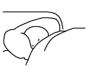 a line drawing of a person laying in bed with their head resting on the pillow