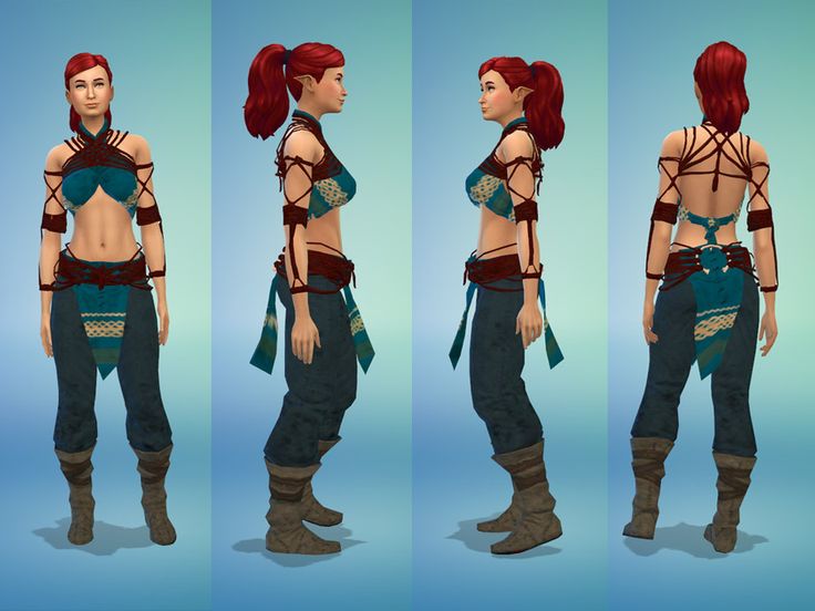 three different views of a woman with red hair and no shirt, in various poses