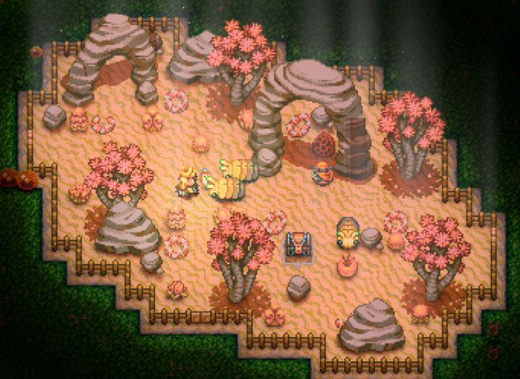 an animal crossing game with flowers and rocks on the ground in front of a forest