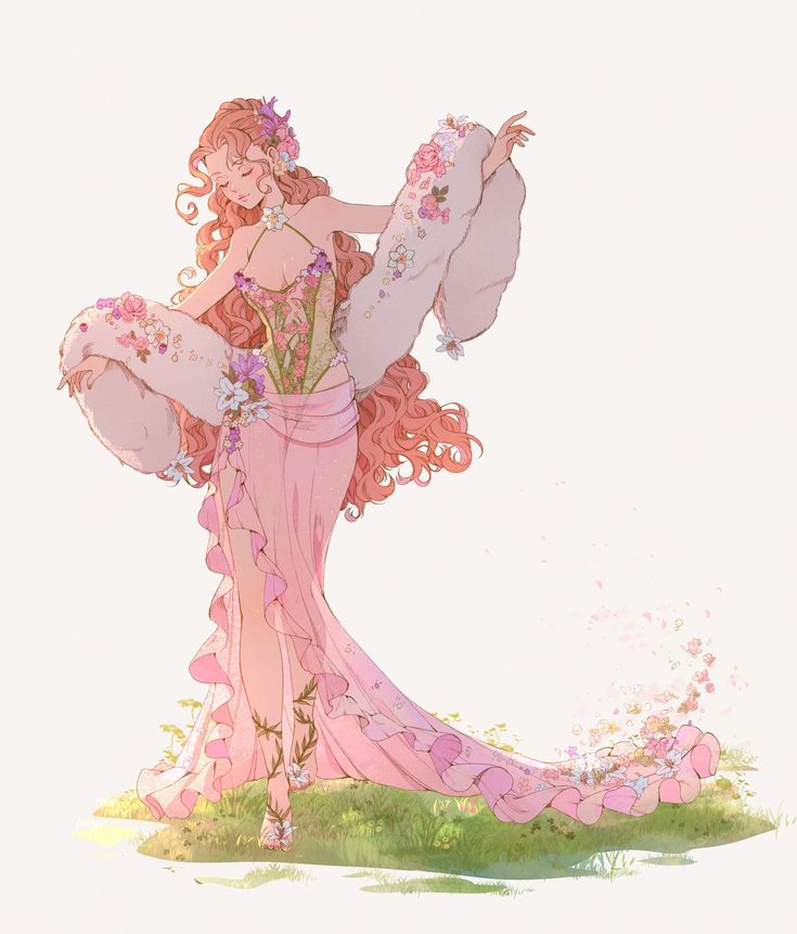 a drawing of a woman with pink hair and flowers on her head holding a flower