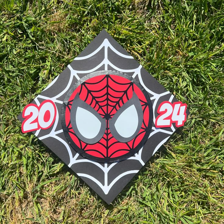 a kite with spider man on it sitting in the grass next to some green grass