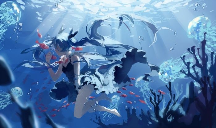 an underwater scene with jelly fish and a woman