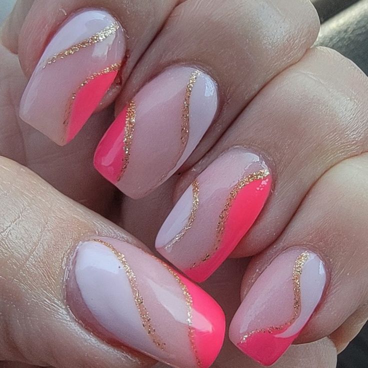 Milky White And Hot Pink Nails, Cute Hot Pink Acrylic Nails, Summer Acrylic Nails Pink And White, Cute Hoco Nails For Pink Dress, Hoco Nails For Hot Pink Dress, Hot Pink With Gold Nails, Hot Pink And Silver Nails Prom, Hot Pink Graduation Nails, Prom Nails For Pink Dress Sparkle