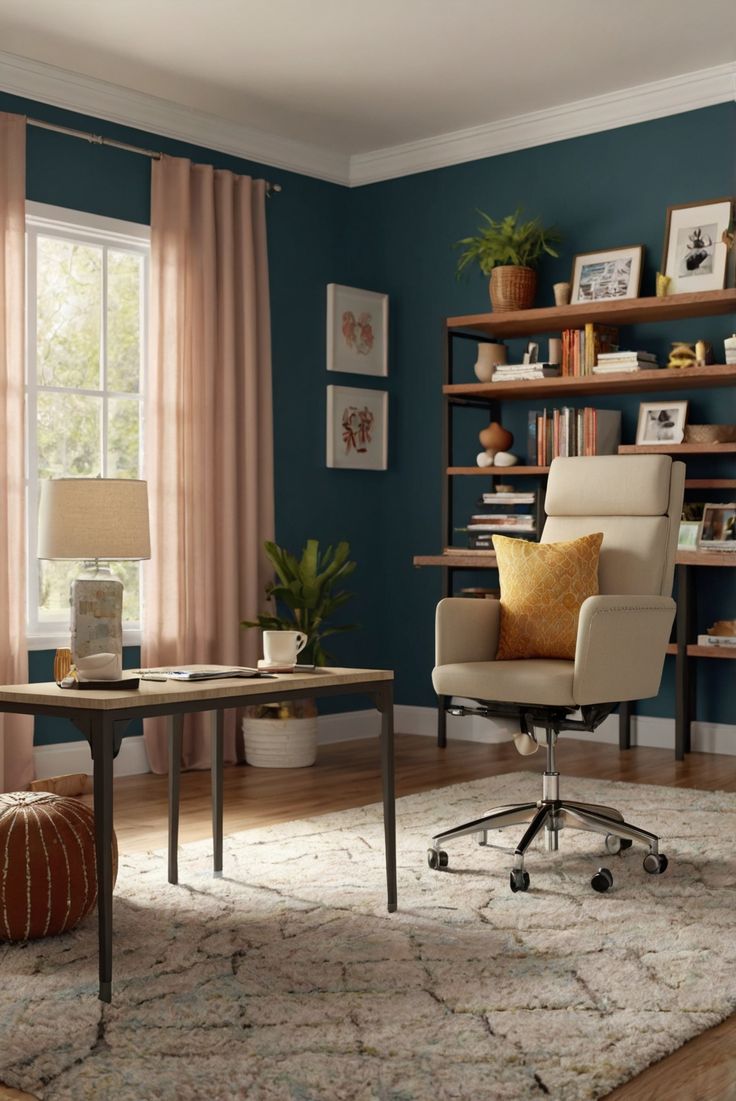 a living room with a chair, desk and bookshelf