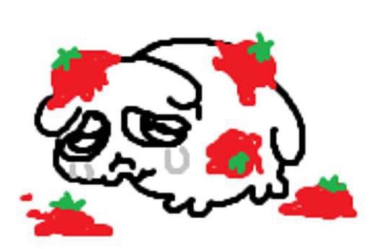 a drawing of a skull with strawberries on it's head and eyes covered in blood