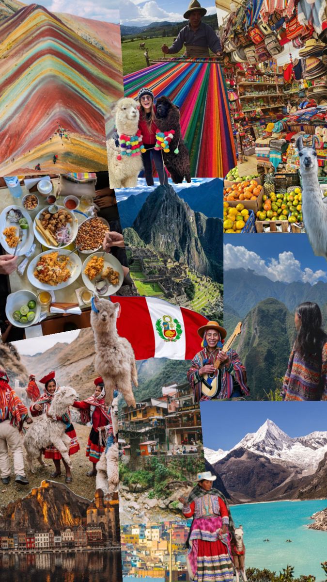 a collage of pictures with people, animals and mountains in the background that include llamas