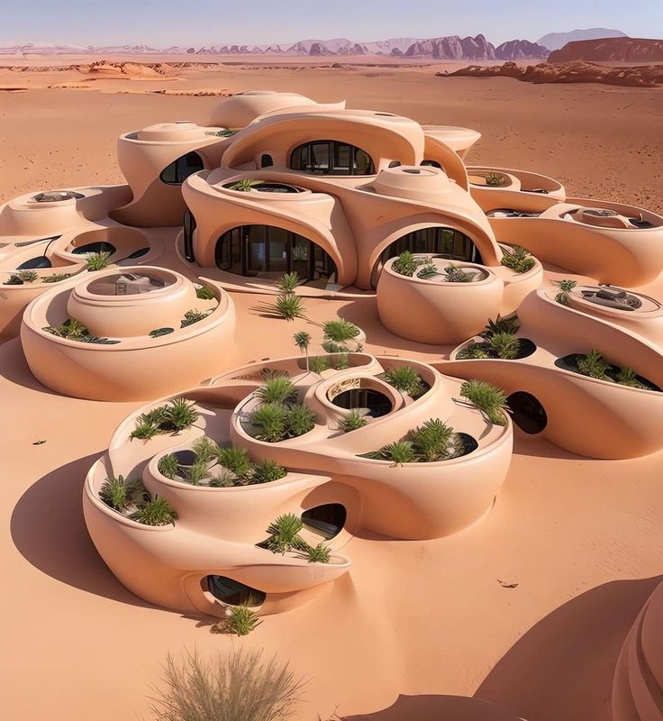 an unusual house in the desert with plants growing out of it