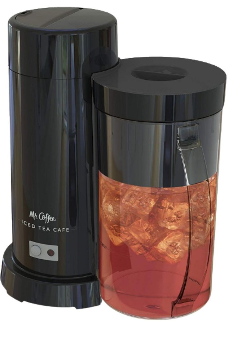 a black coffee maker next to an iced drink dispenser on a white background