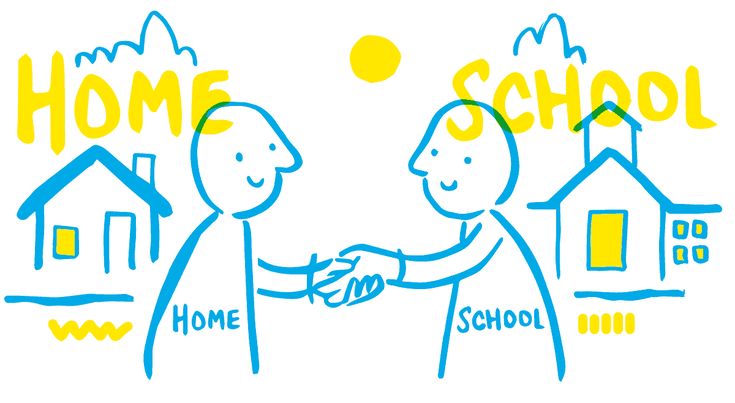 two people shaking hands with the words home school written in blue and yellow above them