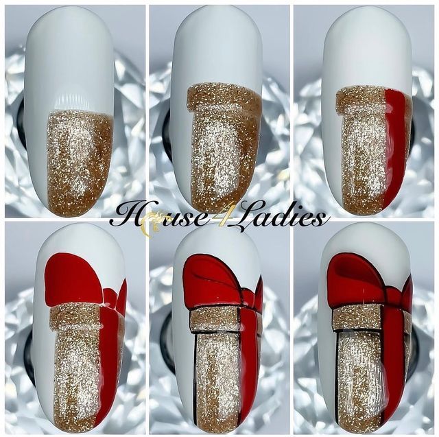 Christmas Present Nail Art, Christmas Nail Designs Acrylic, Christmas Present Nails, Beginner Nail Designs, Bow Nail Designs, Christmas Nail Art Ideas, Nail Art Noel, Santa Faces, Xmas Nail Art