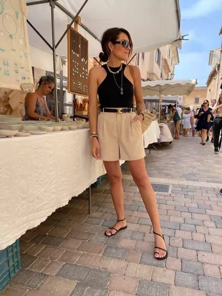 How To Style Celine Belt, Women Summer Holiday Outfits, Tailored Shorts Outfit Women Casual, Khaki Trouser Shorts Outfit, Beige Trouser Shorts Outfit, Cream Tailored Shorts Outfit, Tan Celine Belt Outfit, Neutral Shorts Outfit, Linen Trouser Shorts Outfit