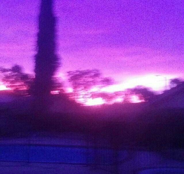 the sun is setting over some trees and buildings in the distance, with purple clouds