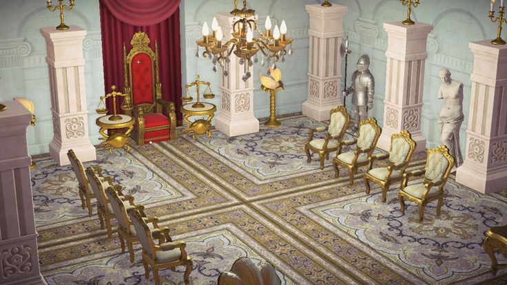 a large room with chairs and chandeliers on the floor in front of a red curtain