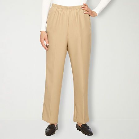 Alfred Dunner is known for their modern tailoring and style, and this pair of women's pants stay true to the brand's heritage. Made from a soft woven fabric in a relaxed-fit with straight legs, they have a comfortable elastic-waistband, a pleated front, and side pockets. Wear with a button-down or t-shirt and flat shoes.Front Style: Flat FrontFeatures: EssentialsClosure Type: Full ElasticFit: Relaxed FitPockets: 2 Side Slip PocketsRise: Mid RiseFiber Content: 100% PolyesterFabric Description: Wo Elegant Pull-on Pants For Daywear, Classic Ankle-length Wide Leg Pants For Daywear, Classic Stretch Dress Pants With Elastic Waistband, Beige Dress Pants With Elastic Waistband For Work, Classic Pull-on Style Dress Pants For Work, Classic Pull-on Dress Pants For Work, Classic Wide Leg Pants With Pockets For Daywear, Classic Pull-on Tapered Leg Dress Pants, Beige Pull-on Pants With Loosely Fitted Hips