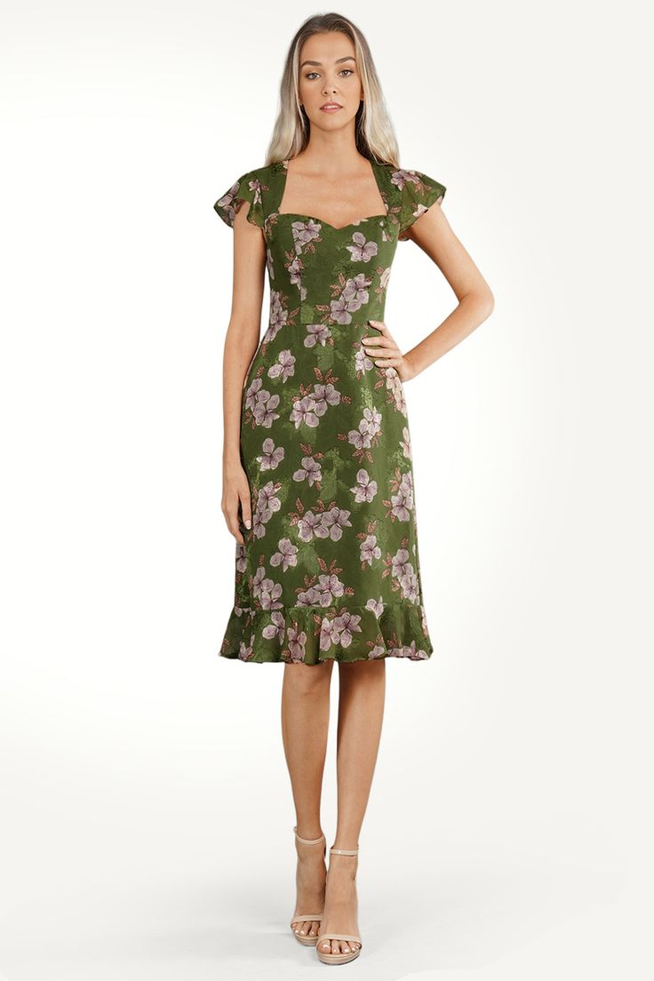 Whether it's a day party event or an evening affair, our Katie Midi Dress will ensure you stand out with effortless style. This dress features a romantic sweetheart neckline, flattering ruffle sleeves, and a keyhole open back for an elegant hint of skin. Fitted Bodice Dress With Ruffle Hem And Short Sleeves, Short Sleeve Dress With Ruffle Hem And Fitted Bodice, Sweetheart Neckline Dress With Ruffle Hem For Garden Party, Short Sleeve Dress With Fitted Bodice For Garden Party, Garden Party Dress With Fitted Bodice And Short Sleeves, Summer Midi Dress With Ruffle Hem And Sweetheart Neckline, Short Sleeve Fitted Bodice Dress For Brunch, Fitted Bodice Short Sleeve Dress For Brunch, Brunch Dresses With Fitted Bodice And Short Sleeves