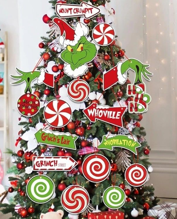 a christmas tree decorated with candy canes and grin the cat sticker decals