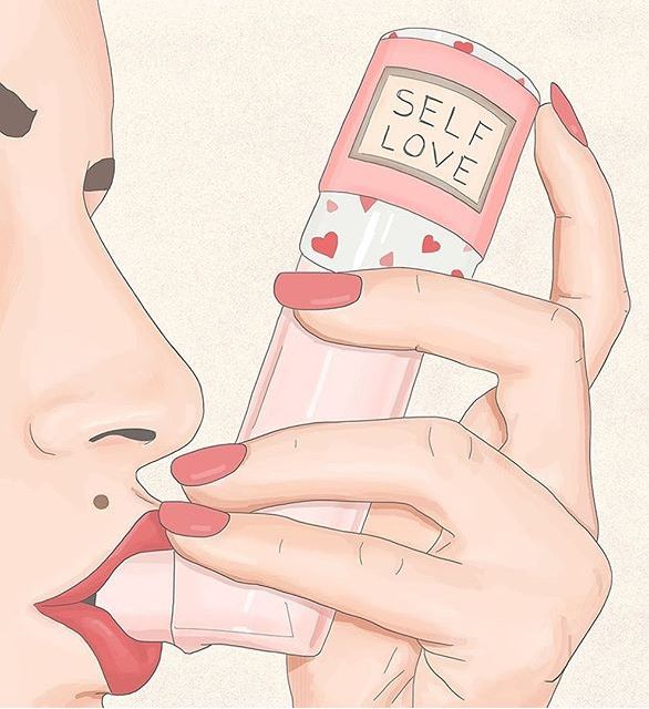 a woman holding a bottle with the word self love written on it and kissing her lips