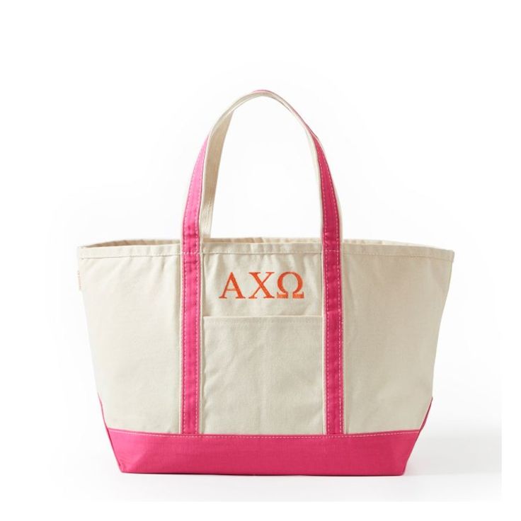 a pink and white tote bag with the word axq on it's side