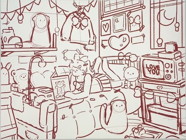 this is a drawing of a child's room with teddy bears and other toys