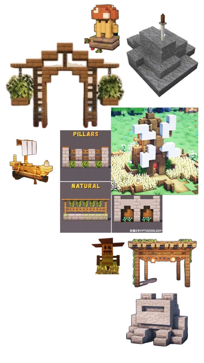 an image of some different types of structures in minecraft, including trees and benches