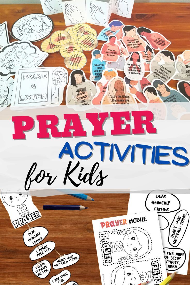 a wooden table topped with lots of stickers and paper cut outs that say prayer activities for kids