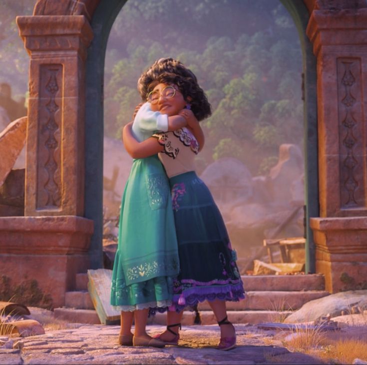 the princess and the frog is hugging each other in front of an archway with trees