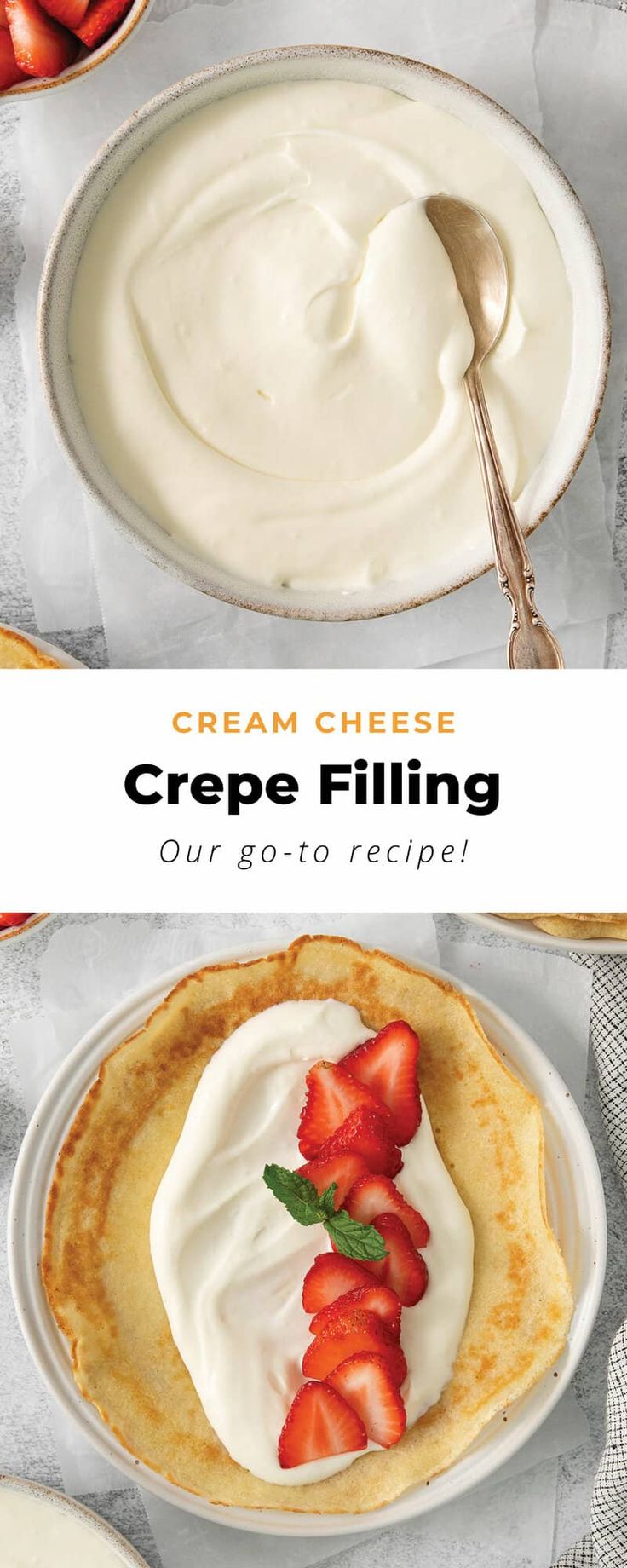 two plates with crepes and strawberries on them, one is topped with whipped cream