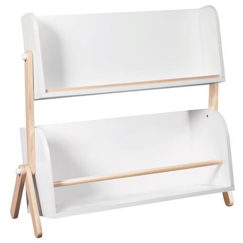 a white book shelf with two wooden legs