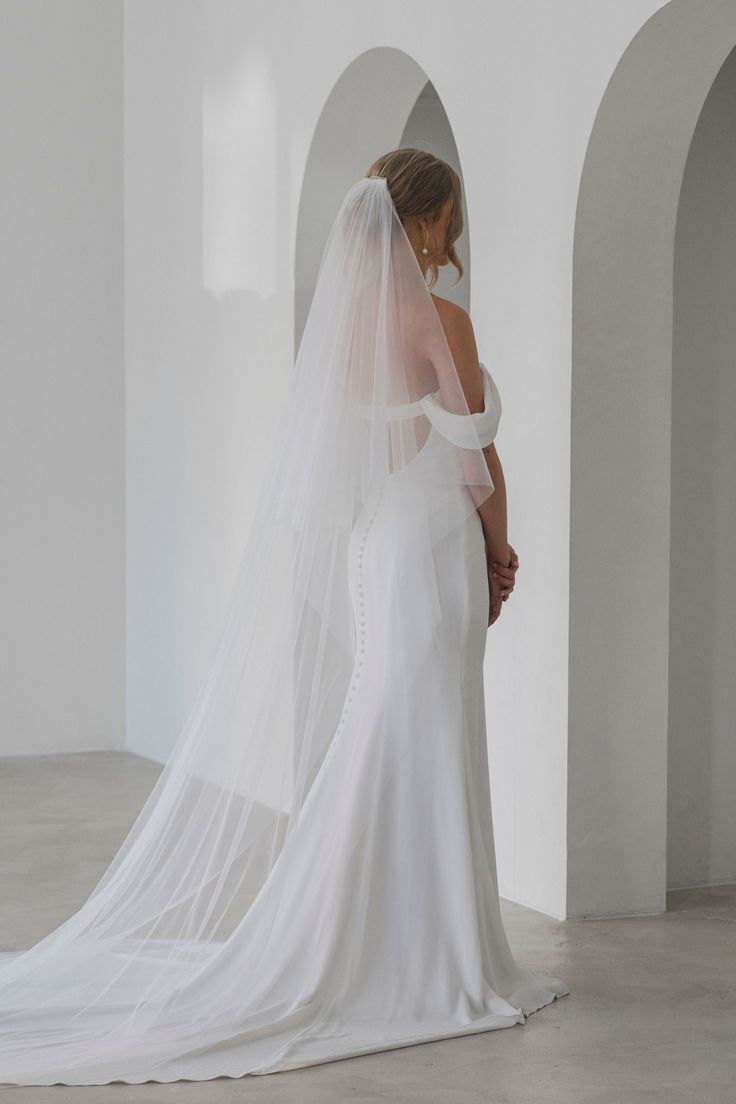 a woman in a white wedding dress and veil