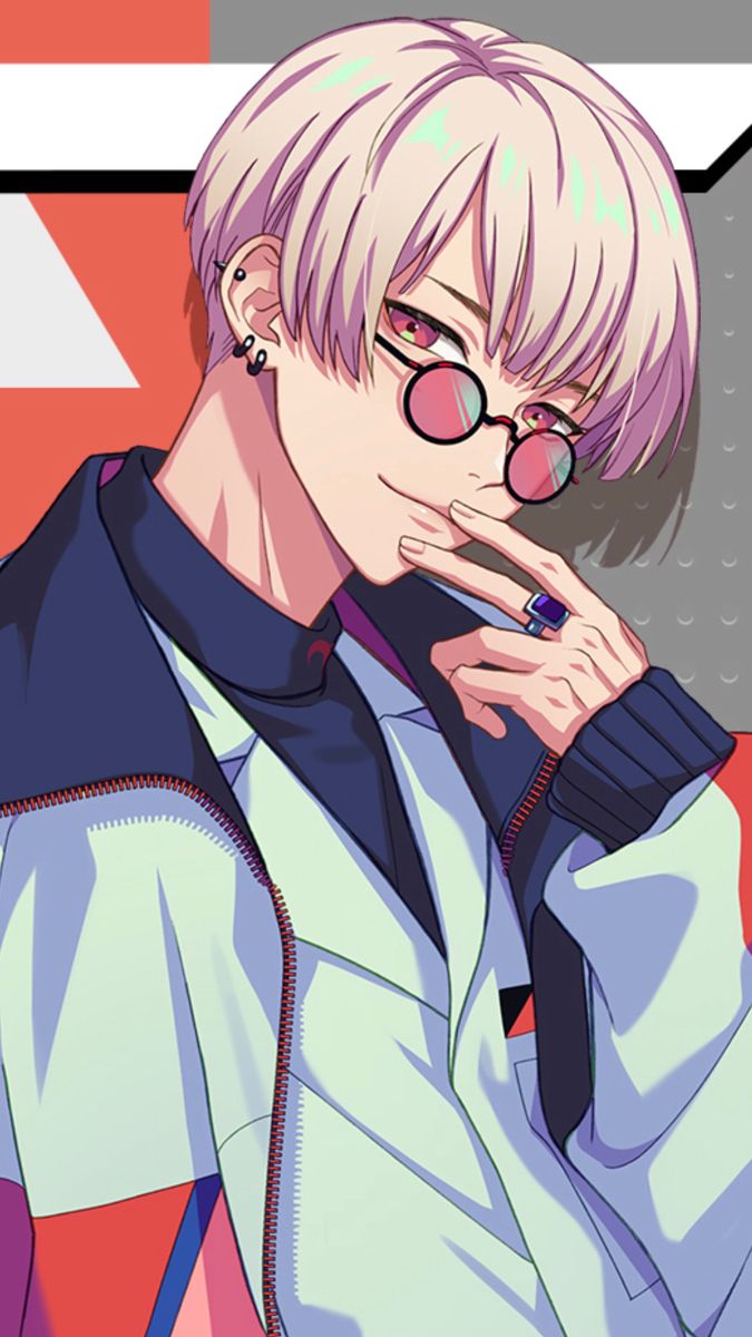 an anime character with glasses and a white hair is posing for the camera while holding his hand to his mouth