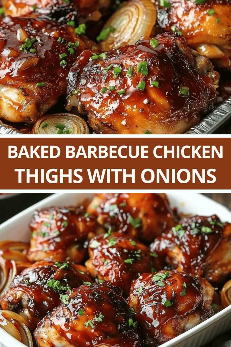 baked barbecue chicken thighs with onions in a baking dish and then topped with bbq sauce