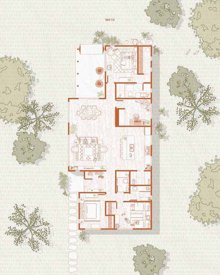 an aerial view of the floor plan of a house with trees and bushes around it