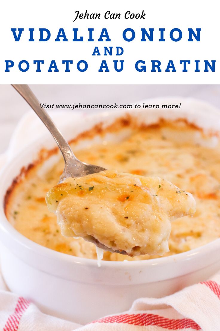 a spoon full of baked potato gravy with the title text overlay reads, vidallia onion potato au gratin