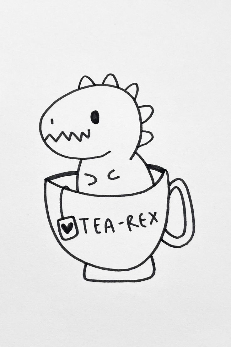 a black and white drawing of a dinosaur holding a tea - ex cup with the word tea - tex on it