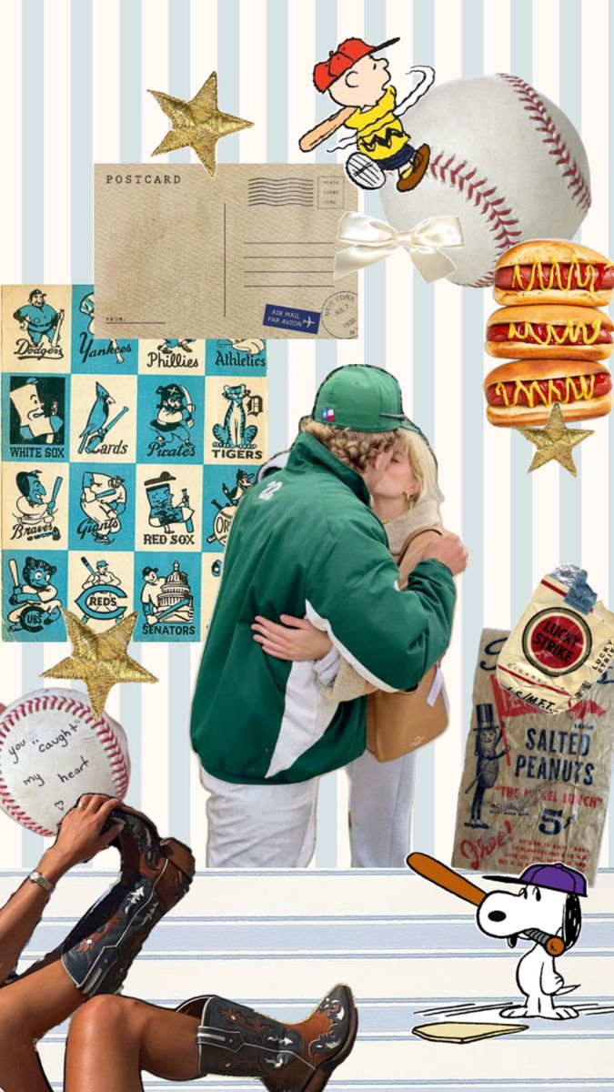 two people are kissing in front of some baseball themed items and posters on the wall