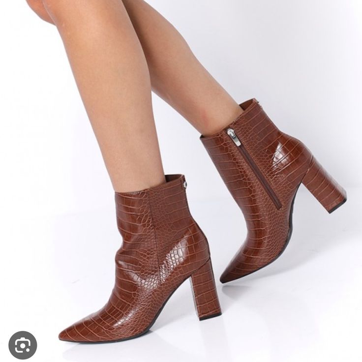 Heel Height- 3.23" Shaft Height- 4.92" Shaft Circumference- 9.84" Zipper Closure Pointy Toe Brown Pointed Toe Mid-calf Boots For Work, Brown Boots With 4-inch Heel And Medium Width, Trendy Brown Pointed Toe Boots, Fall Almond Toe Heeled Boots With 4-inch Heel, Brown Pointed Toe Mid-calf Boots With Stacked Heel, Brown Heeled Boots With 4-inch Heel For Fall, Brown Mid-calf Boots With Stacked Heel, Brown Pointed Toe Heeled Boots Medium Width, Brown Pointed Toe Heeled Boots