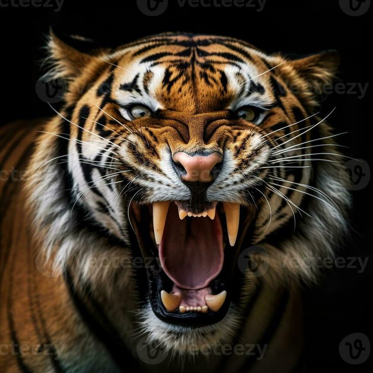 an angry tiger with its mouth open and it's teeth wide open, showing the fangs