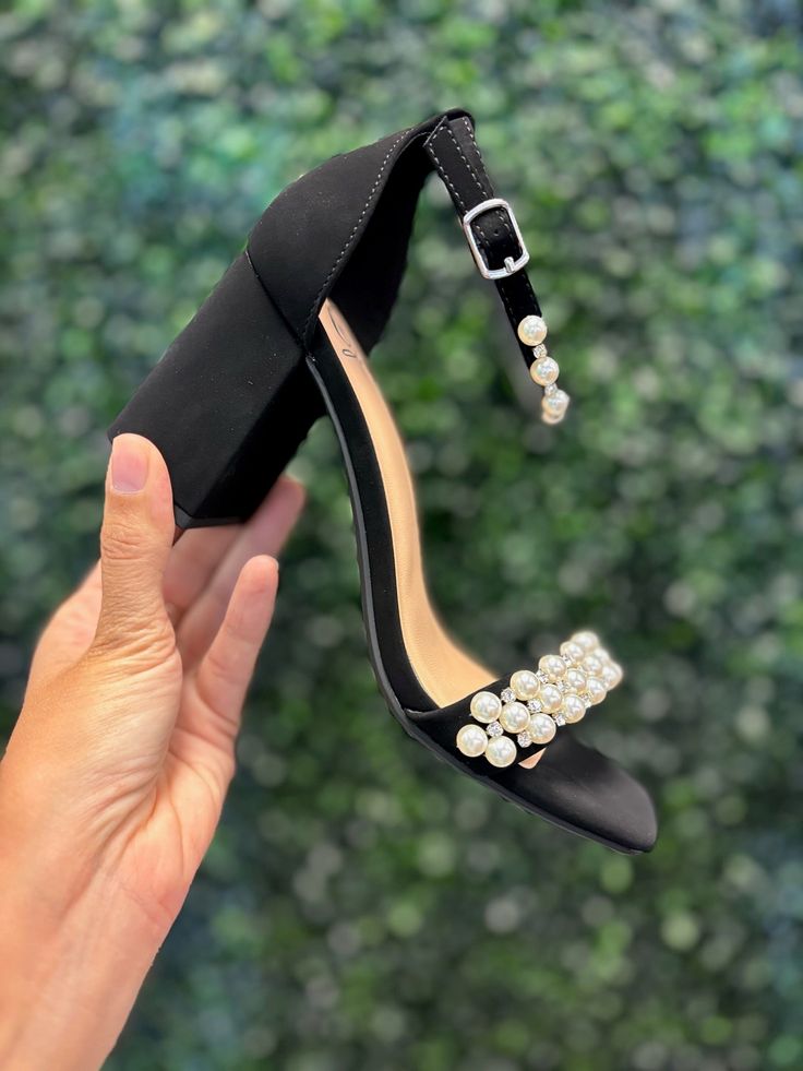 Black, open toe block heel with ankle strap and Pearl detailing Fit: True to size! *ALL shoes are shipped out of box!* Denim Romper, Slim Straight Jeans, Sale House, Shoe Brands, Straight Jeans, Sale Items, Block Heels, Ankle Strap, Open Toe