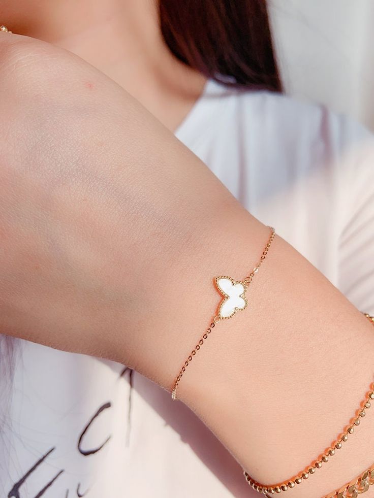 14k Solid Gold Mother of Pearl White Butterfly Bracelet, Butterfly Charm Bracelet for Women, Petite Stackable Bracelet, Minimalist Bracelet - Etsy Minimalist White Bangle Chain Bracelet, Delicate Rose Gold Plated Bracelets, Dainty Gold Jewelry With Bracelet Strap, White Jewelry Bracelet Strap As Gift, White Bracelet Strap Jewelry As Gift, White Bracelet Strap Jewelry Gift, White 14k Gold Bangle Jewelry, Delicate White Gold Plated Bracelets, Dainty White Bangle Charm Bracelet